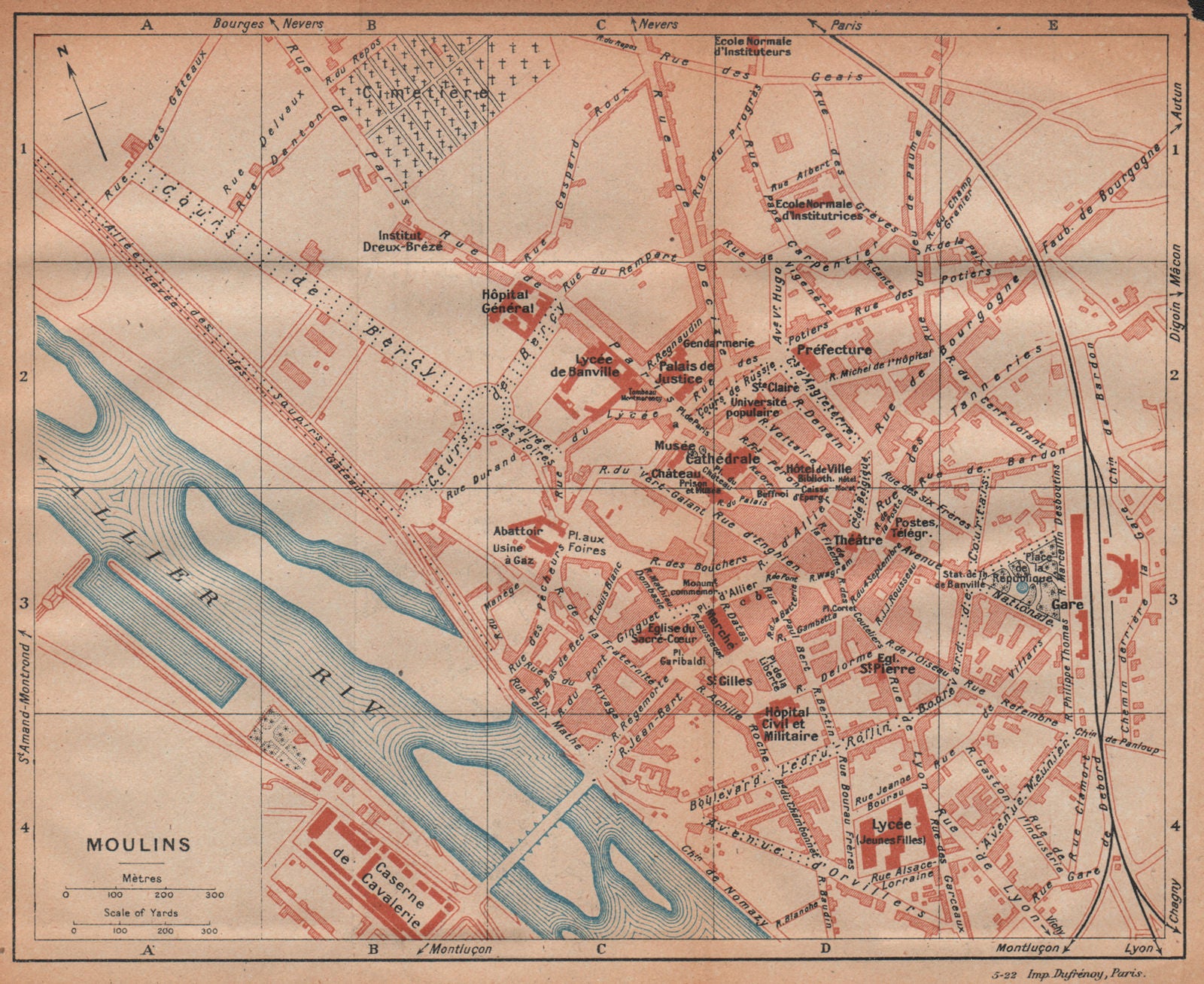 MOULINS. Vintage town city ville map plan carte. France 1922 old antique